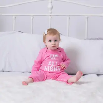 Up All Night Pink Baby grow – lifestyle image