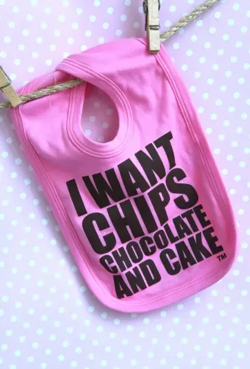 I WANT CHIPS CHOCOLATE AND CAKE Pink Cotton Bib – alternative view