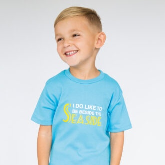 I like to be beside the seaside kids blue t shirt