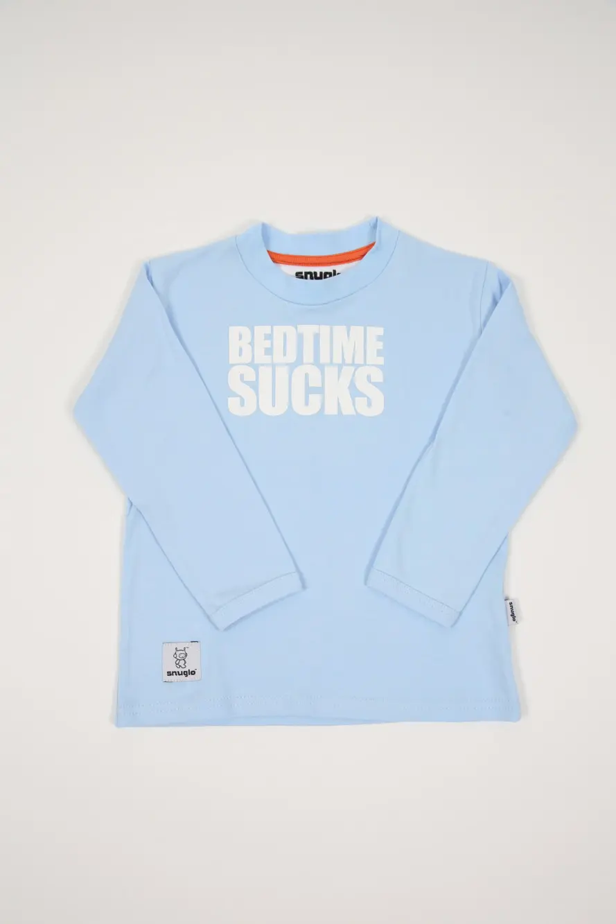 BEDTIME SUCKS BABY BLUE KIDS PYJAMAS BY SNUGLO – detail view
