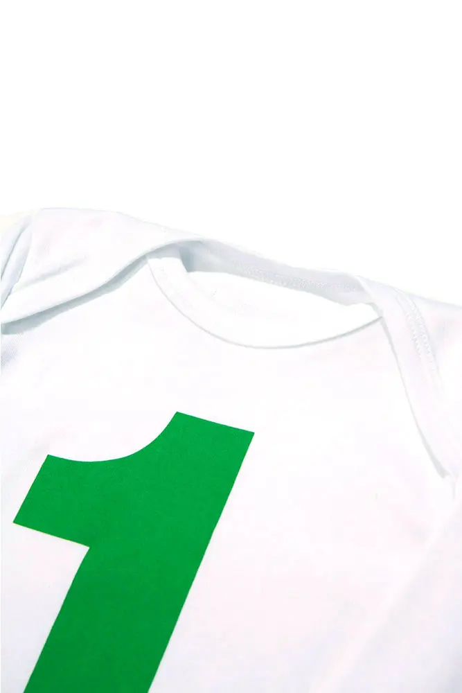 1st Birthday top, Number 1 Celebration T-shirt – Green – lifestyle image